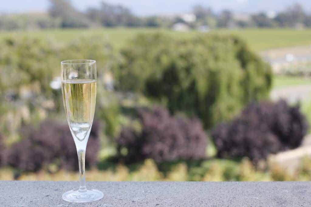 a full glass of champagne sits on a stone wall overlooking a garden