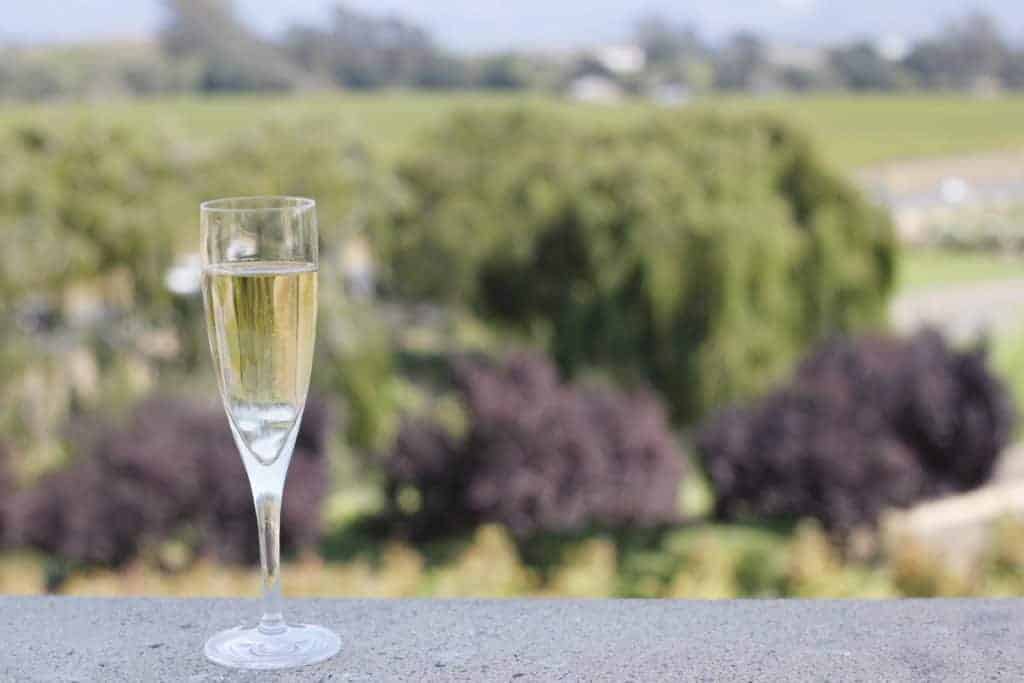 a glass of champagne sits on a concrete ledge outdoors in Napa
