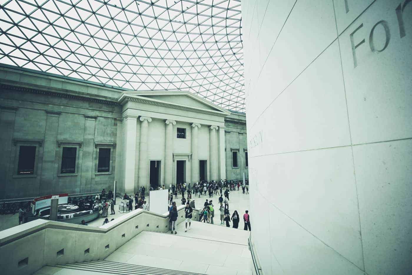Geometric patterns line the ceiling of the airy entrance to The British Museum