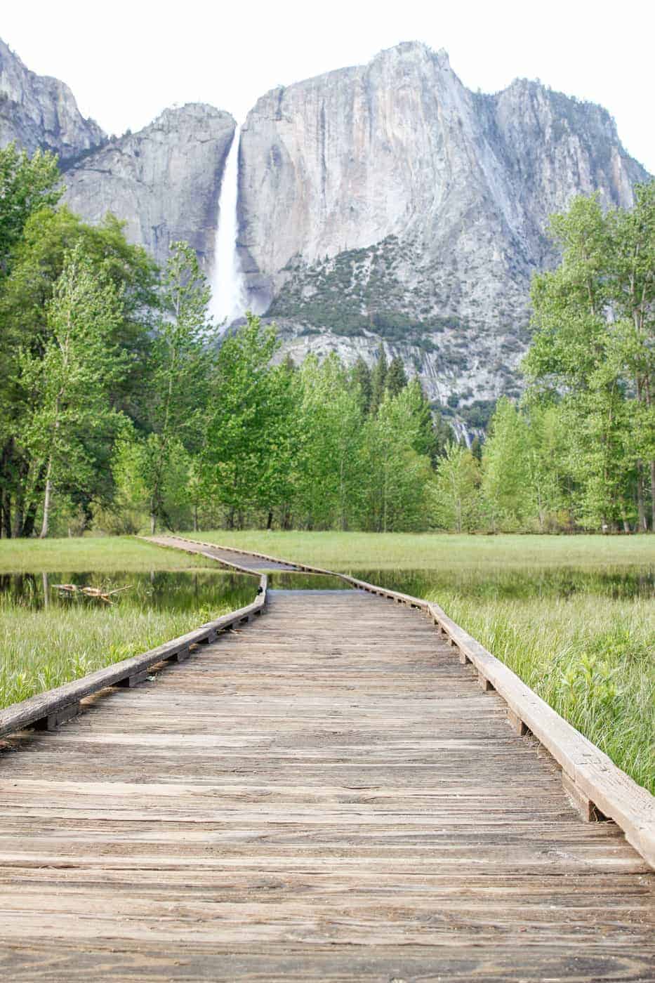 wooden path leading to Yosemite Falls 