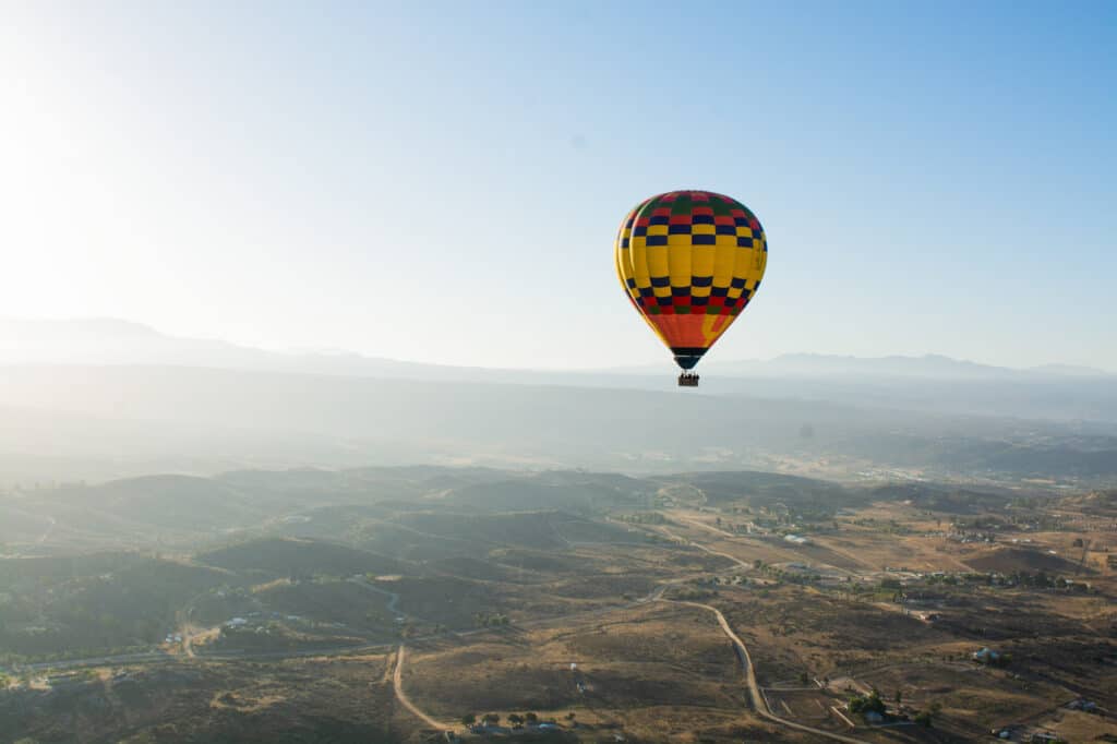 hot air balloon in the sky over vineyards