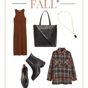 collage with sweater dress, plaid shirt, tote bag and boots