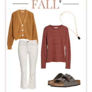 fall travel outfit collage with white jeans, cardigan, and long sleeve shirt