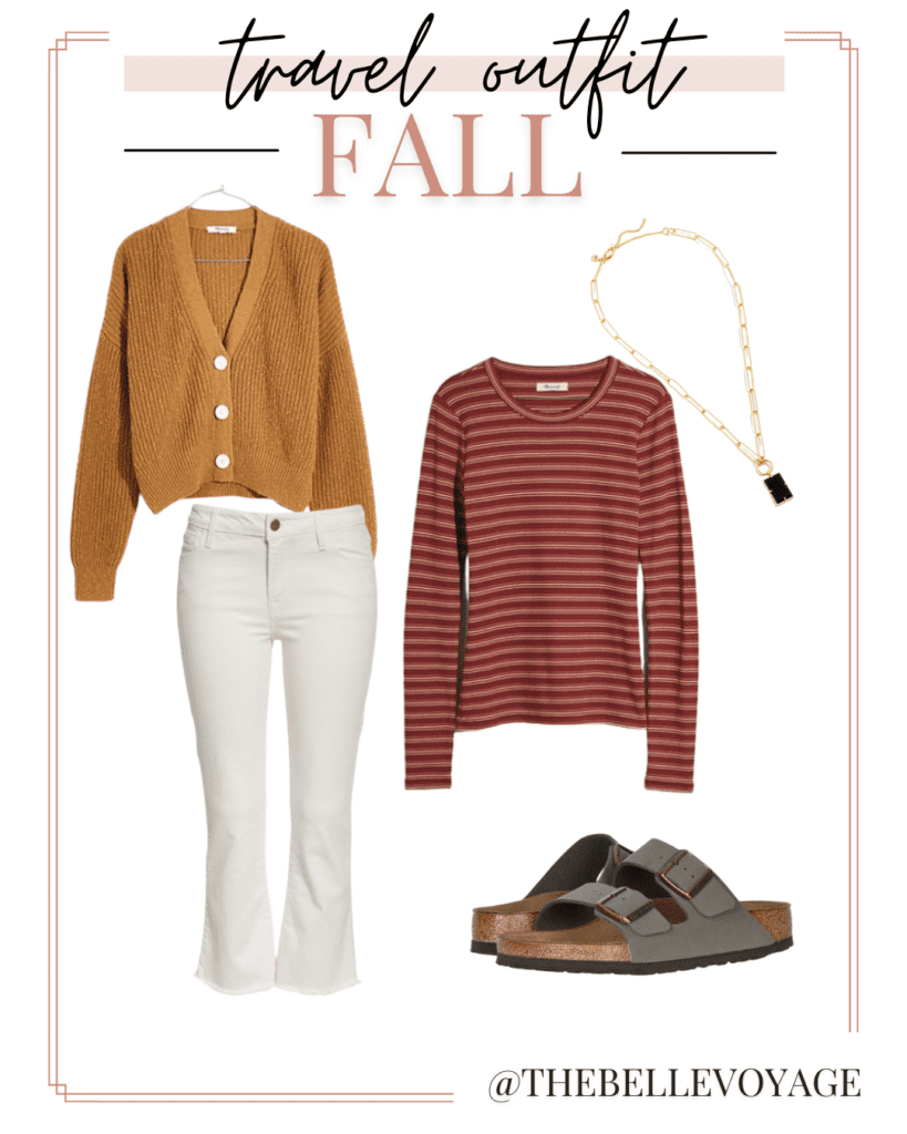 fall travel outfit collage with white jeans, cardigan, and long sleeve shirt
