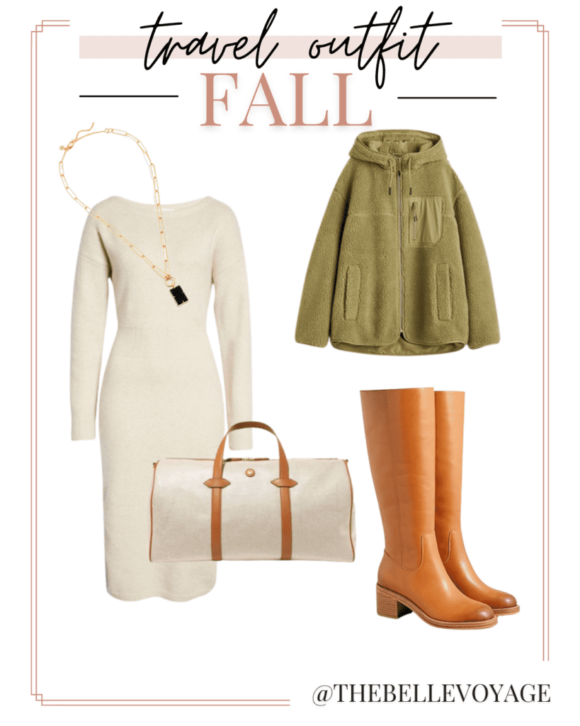 collage with white sweater dress, camel boots, and green fleece jacket