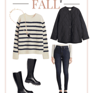 collage with striped sweater, black quilted jacket, skinny jeans and tall black flat boots