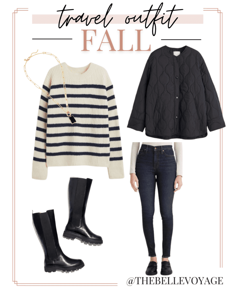 collage with striped sweater, black quilted jacket, skinny jeans and tall black flat boots