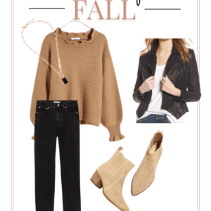 collage with black jeans, brown turtleneck sweater, suede ankle boots and black leather jacket