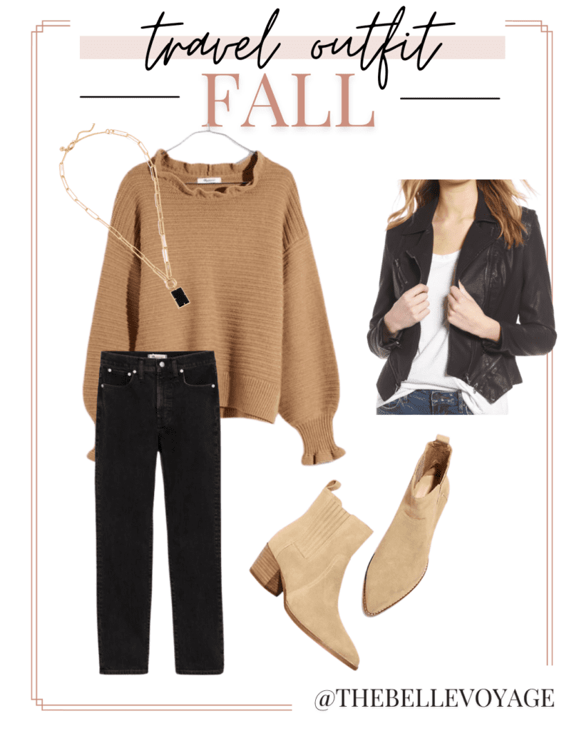 collage with black jeans, brown turtleneck sweater, suede ankle boots and black leather jacket