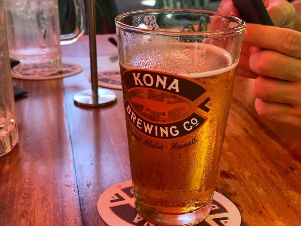 Kona brewing company glass filled with beer