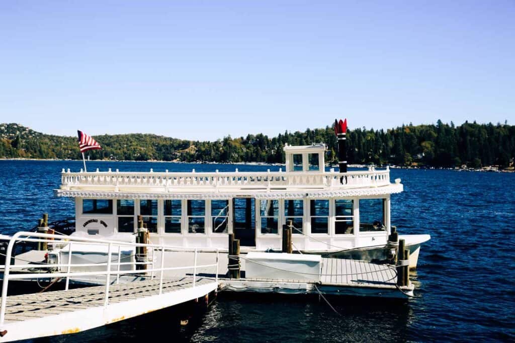 lake arrowhead queen steamboat docked on the lake