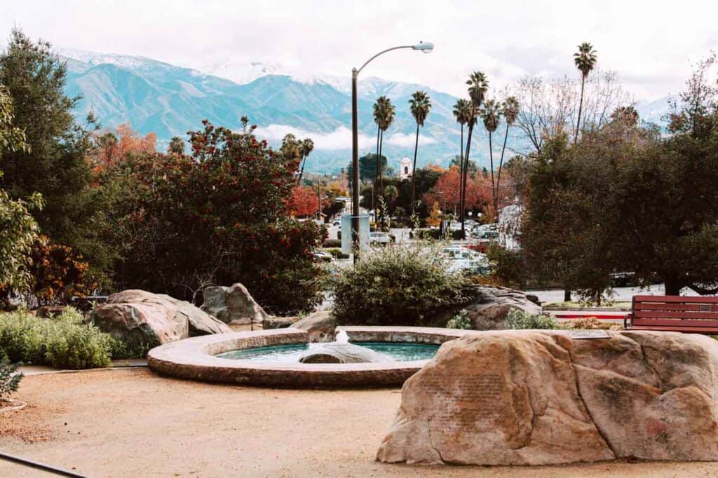 a Spanish-style fountain in the downtown Ojai area
