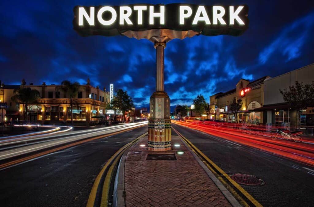 Neon North Park sign in the neighborhood of San Diego at night