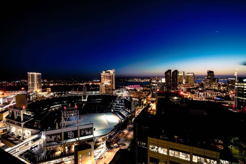 View of Petco Park from above in DOWNTOWN SAN DIEGO at night