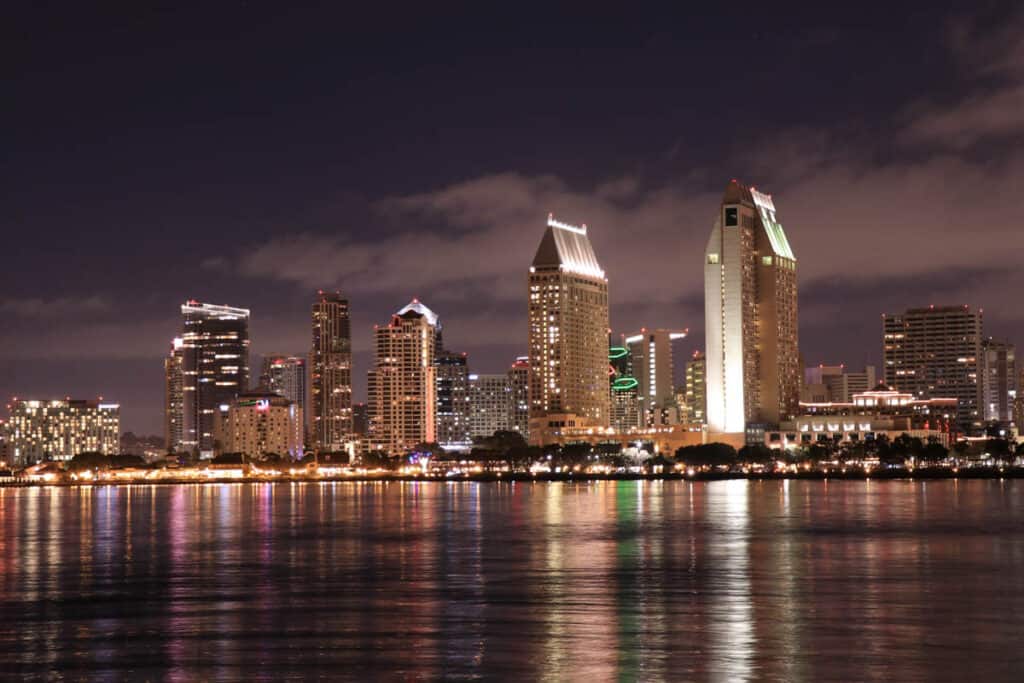 building lights on the San Diego skyline at night