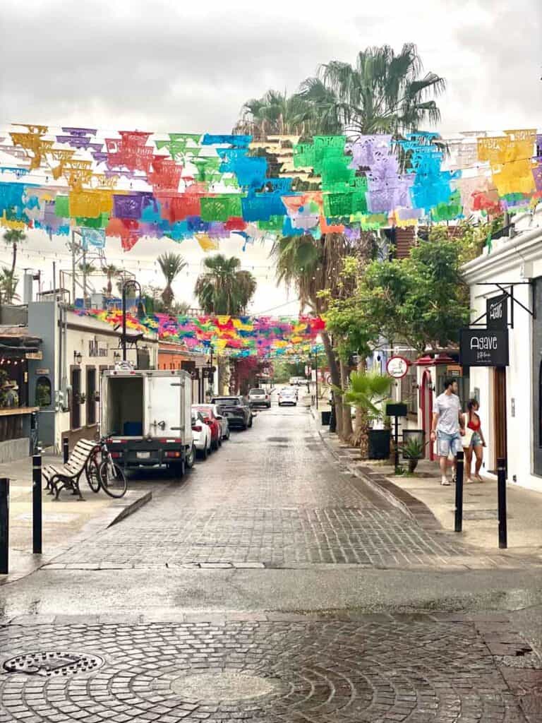 colorful flags fly across the streets in San Jose del Cabo's gallery district