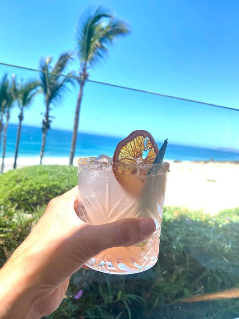 hand holds a tropical orange drink with a lime with the ocean in the background