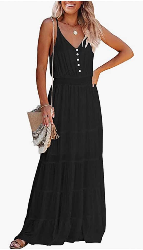 woman earring a black maxi dress