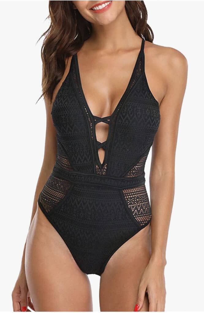 black one piece crochet swimsuit