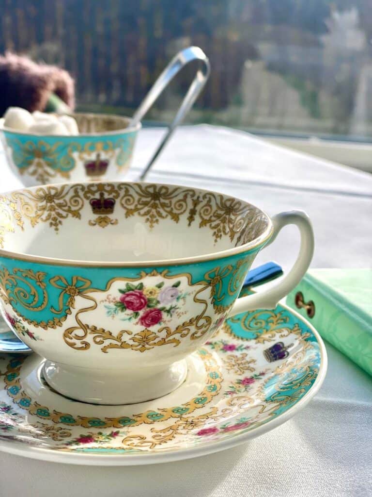 A close up view of a tea cup and saucer with an ornate teal pattern
