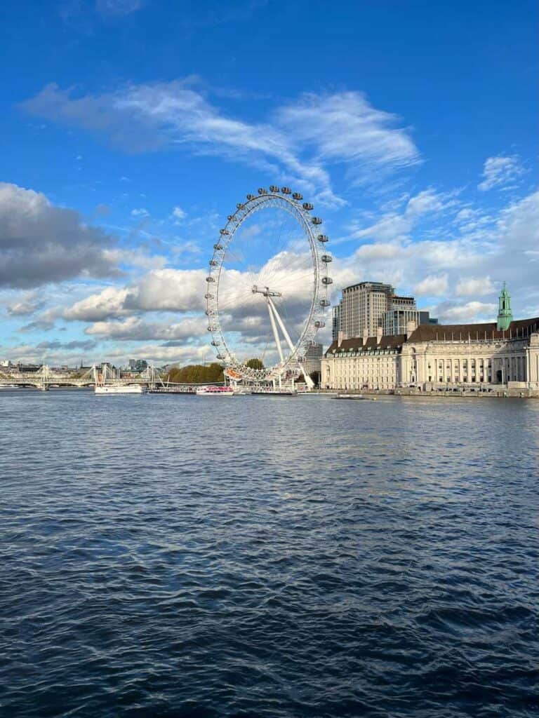 View of THE LONDON EYE, a large Ferris wheel across the Thames River