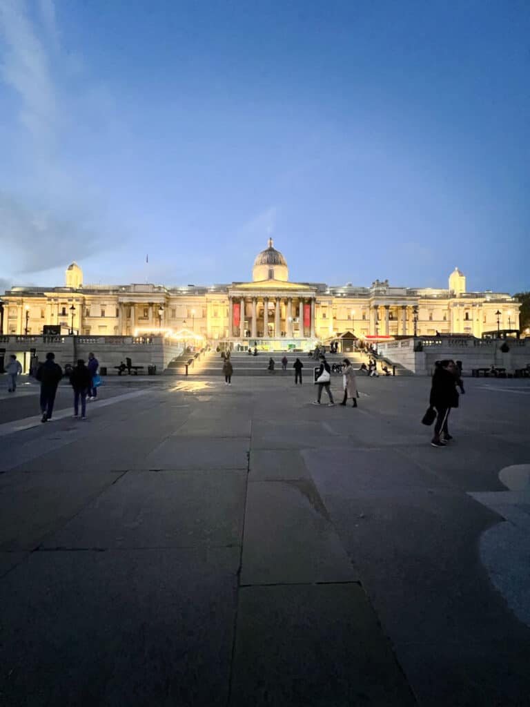 Exterior front of London's National Gallery is alight in the evening
