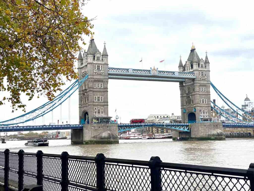 Tower bridge spans the Thames River in London