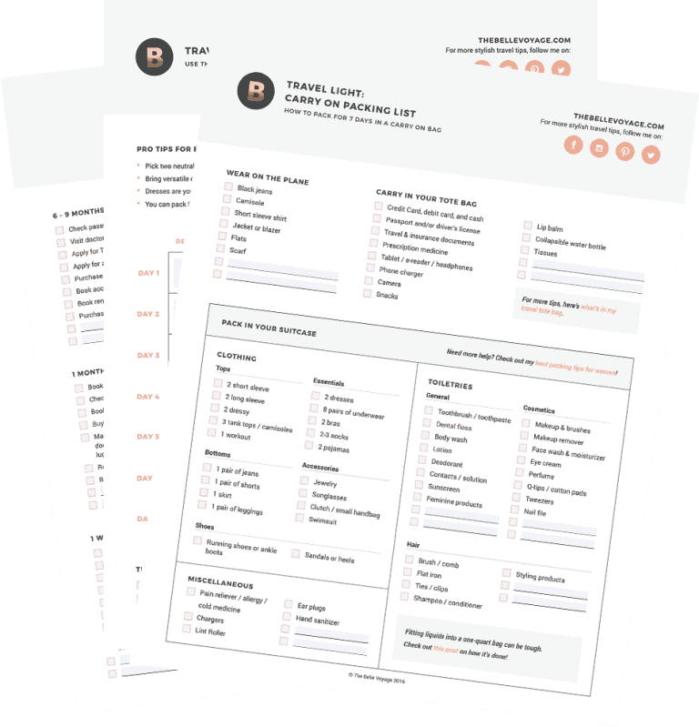 Printable pages of carry on packing lists, travel outfits, pre-travel checklist.