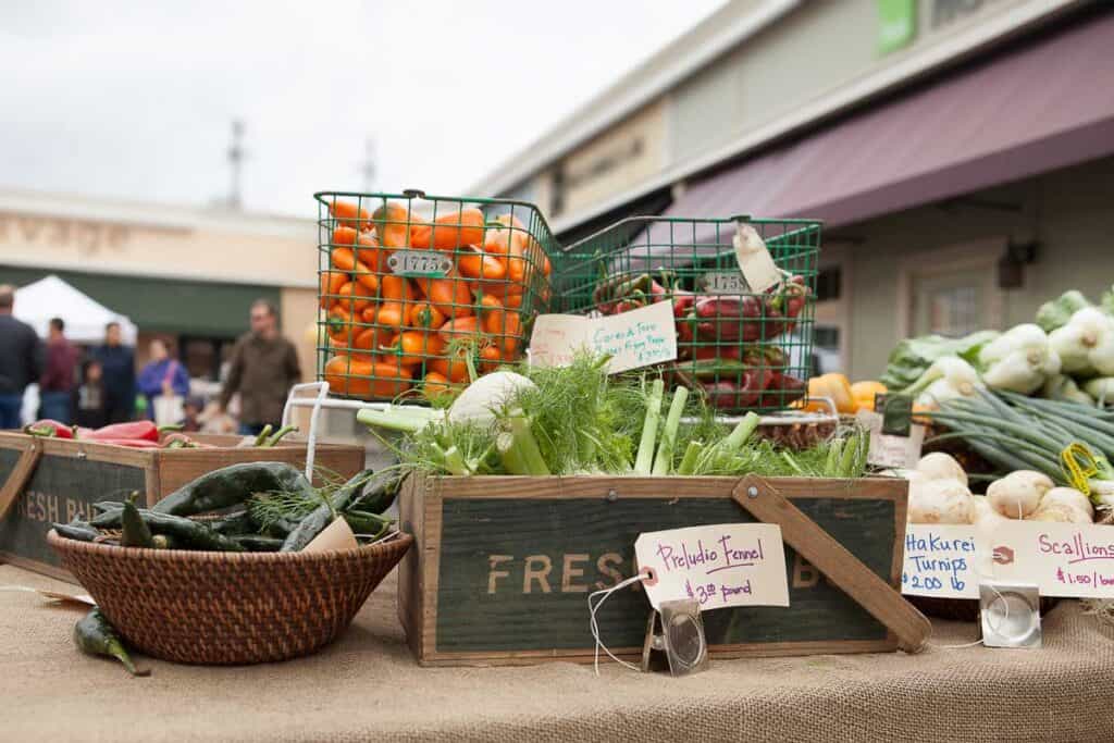 Fennell, peppers and eggplant sit on a table in wooden and wire crates at a farmers market stall.