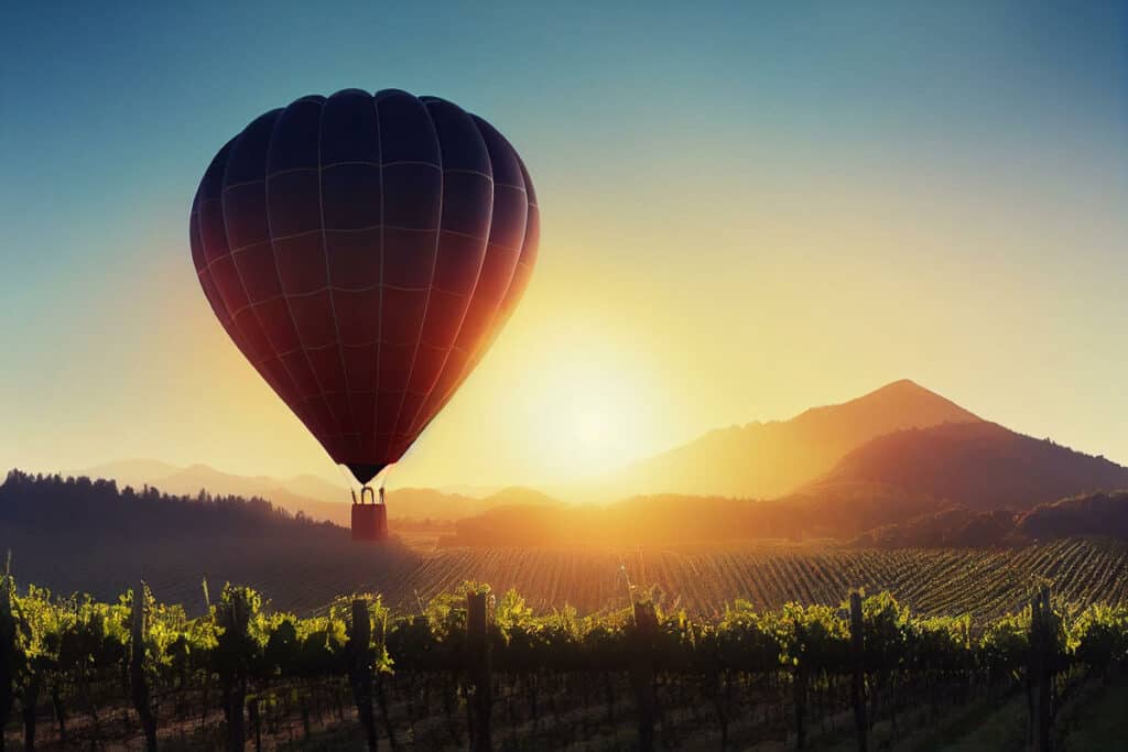 hot air balloon floats over Napa vineyards at sunset