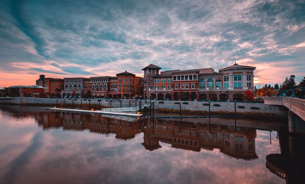 red brick buildings of downtown Napa at sunset.