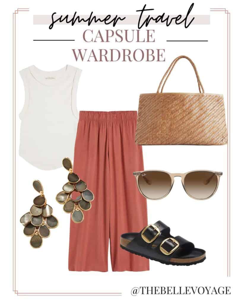 summer vacation outfit collage with wide leg cropped pants and a white tank top