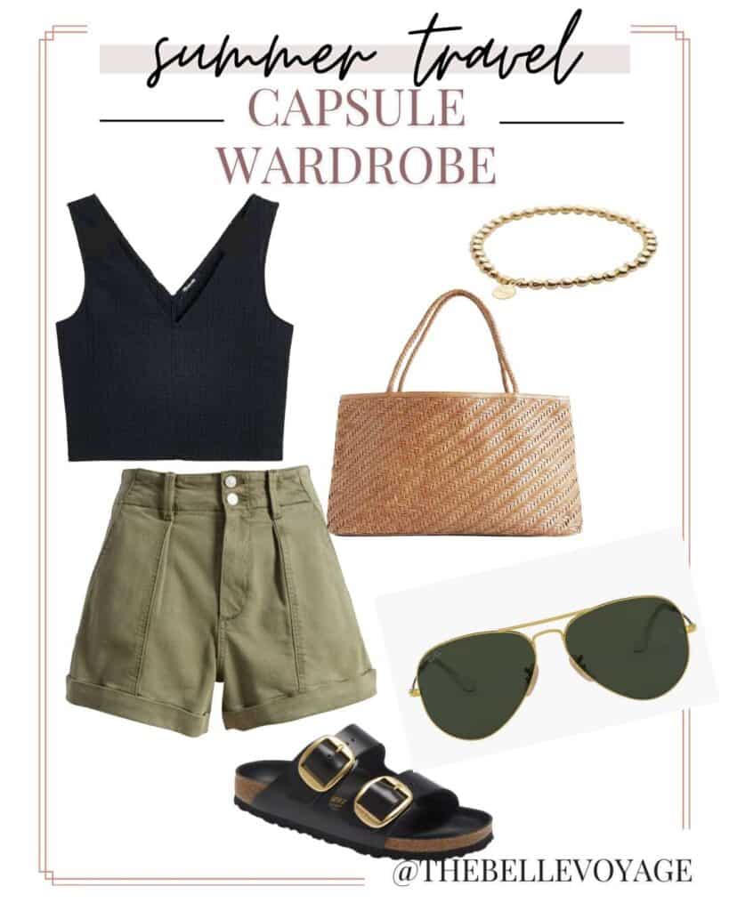 travel outfit collage with black tank top, sandals and high waisted shorts