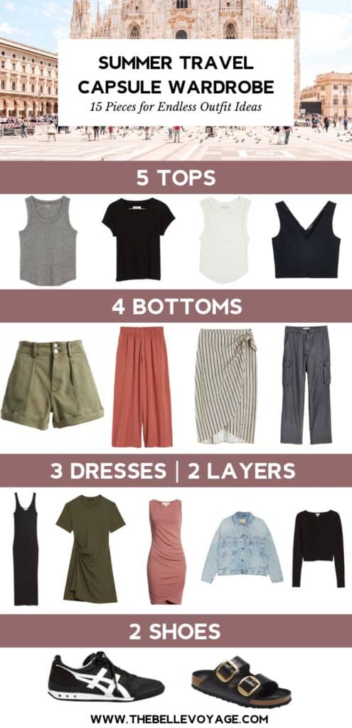 15 piece summer travel capsule wardrobe with coordinating tops, bottoms, dresses, shoes and accessories.