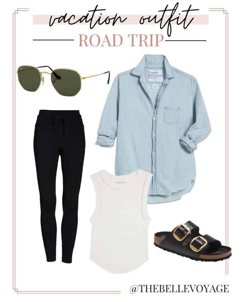 road trip outfit collage including black leggings, a white tank top, black Birkenstock sandals, a chambray button up shirt and gold aviator sunglasses.