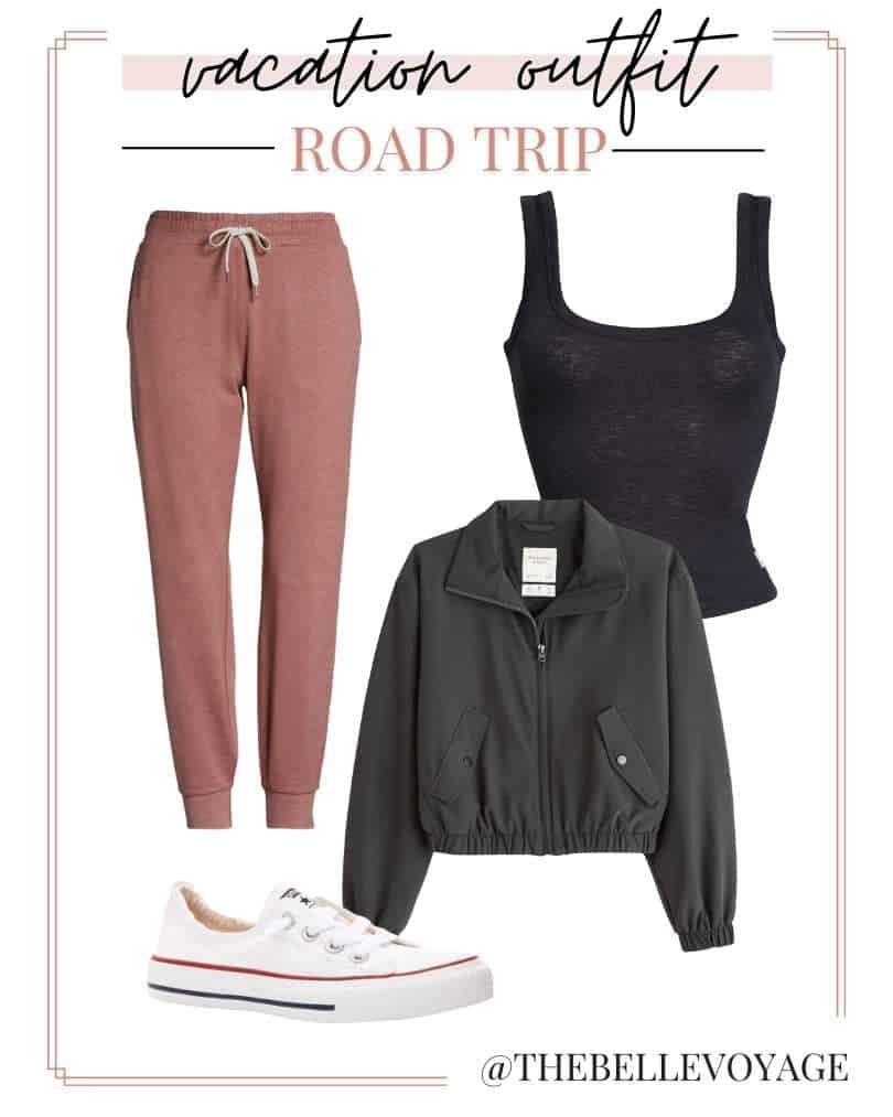road trip outfit collage including pink joggers, a black cropped tank top, a black jacket and slip on white converse sneakers.