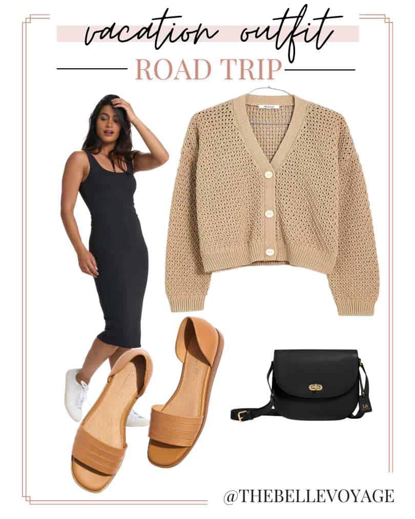 road trip outfit collage including a black tank dress, beige cardigan, tan sandals and a black cross body bag.