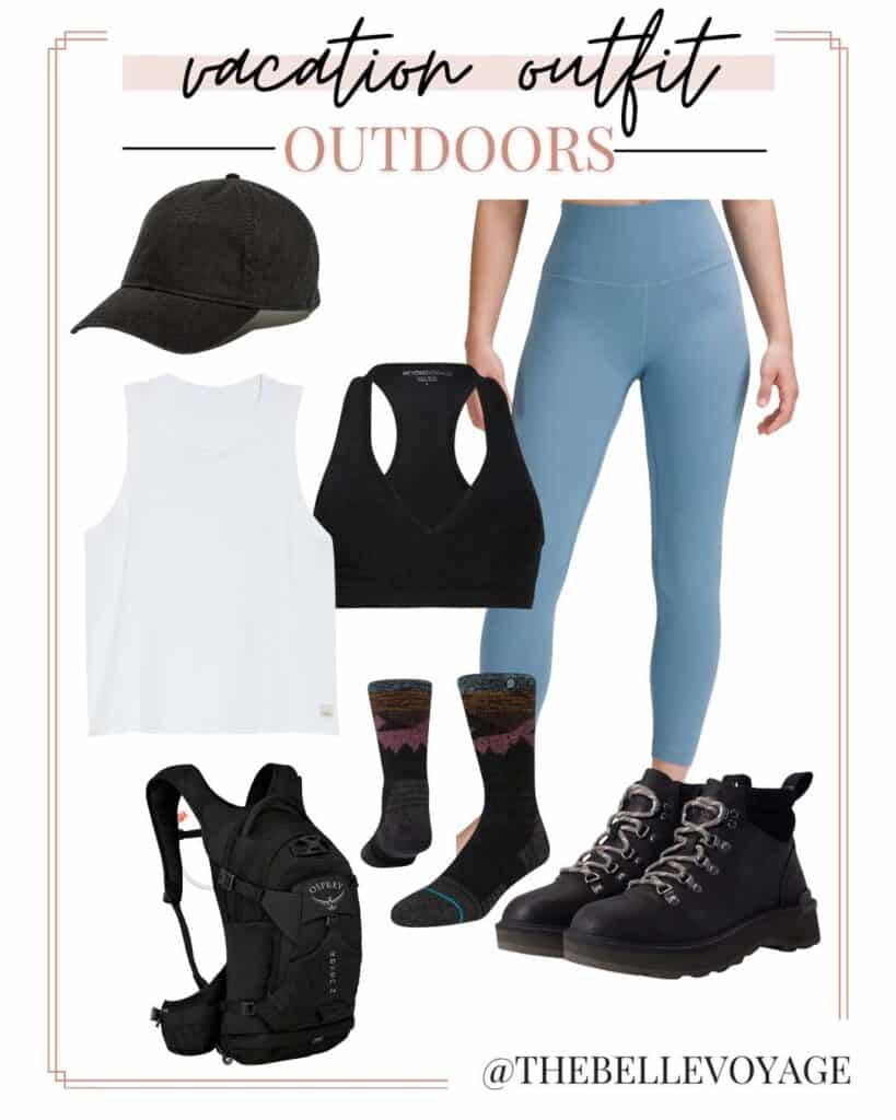 summer travel outfit collage including blue leggings, black sports bra, white tank top, hiking boots and hiking accessories