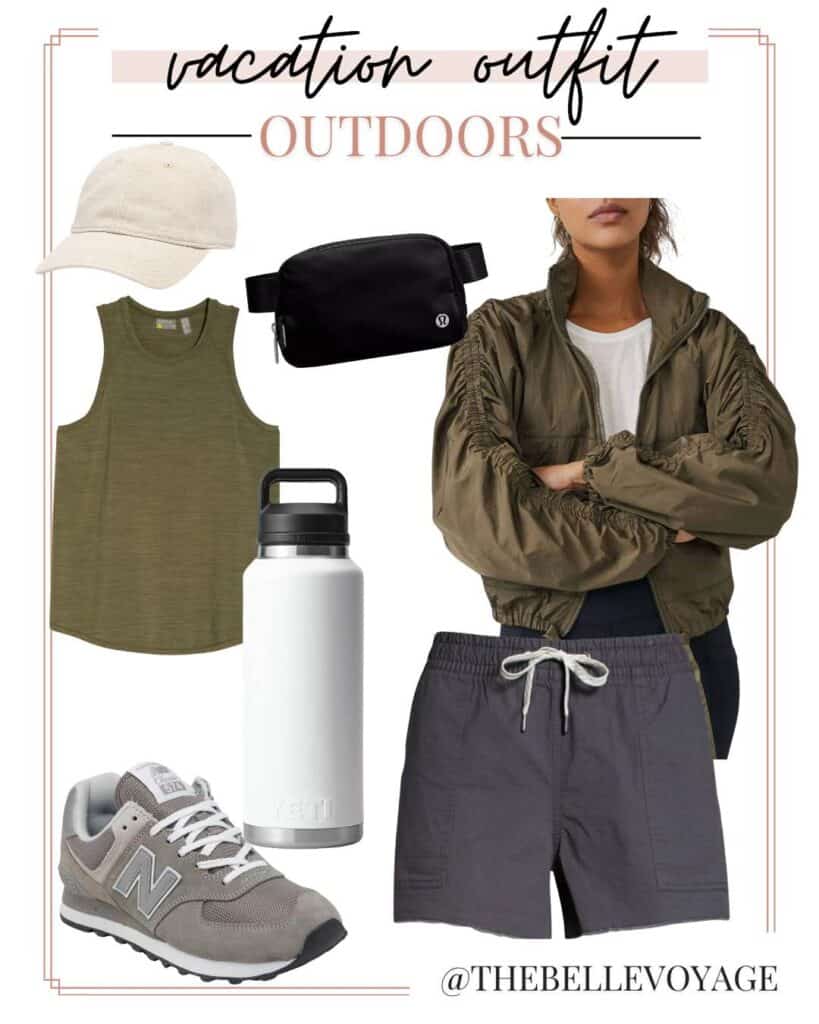 travel outfit collage with quick dry shorts, tank top, sports bra, waterproof jacket and sneakers
